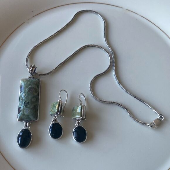 Jasper/Onyx and sterling silver set - Picture 1 of 7